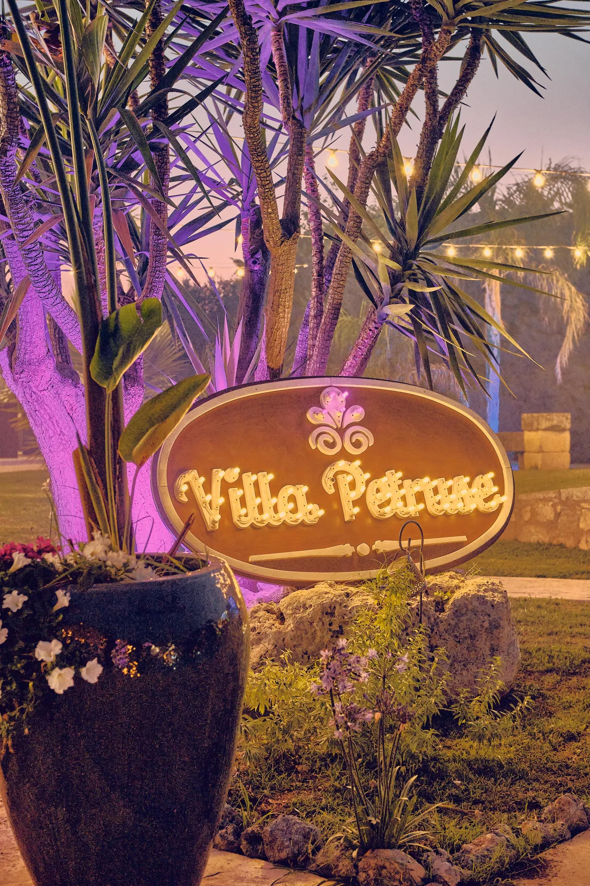 Logo Villa Petruse illuminato nel giardino mediterraneo